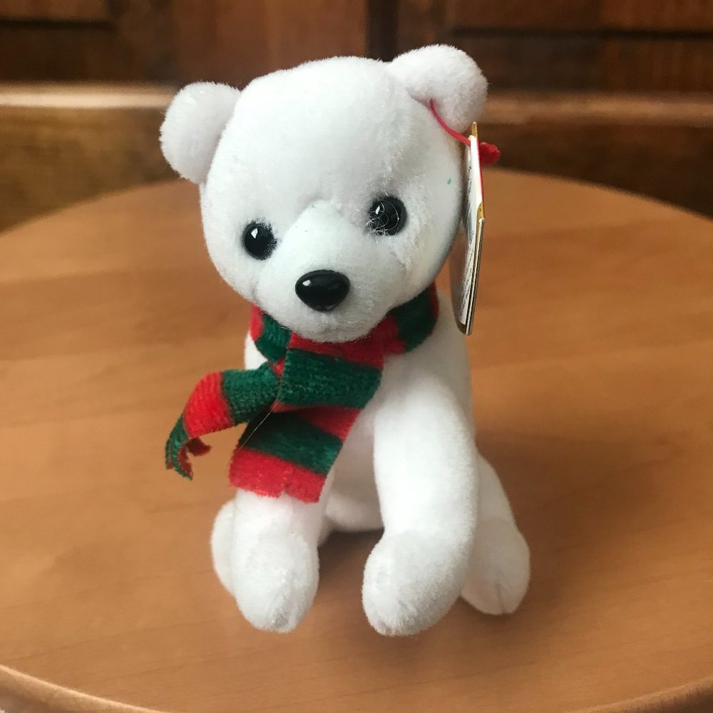 TY Baby Beanie "Alpine" #2 White Polar Bear/Red & Green Scarf 2009